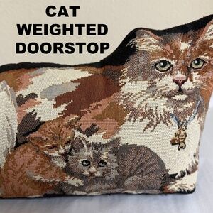 Vintage Tapestry Needle Point Plush Cat and Kittens Weighted Doorstop